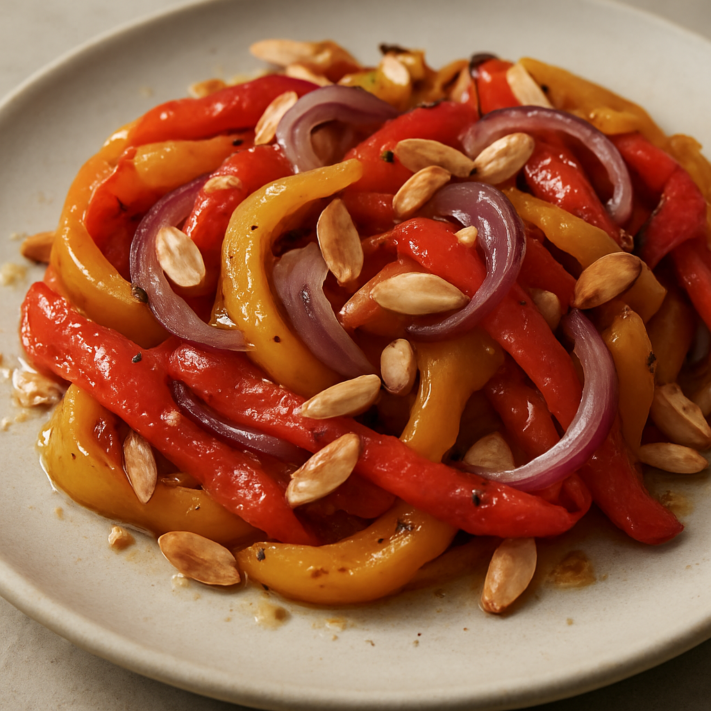 פלפלים קלויים פרוסים דק עם בצל ושקדים