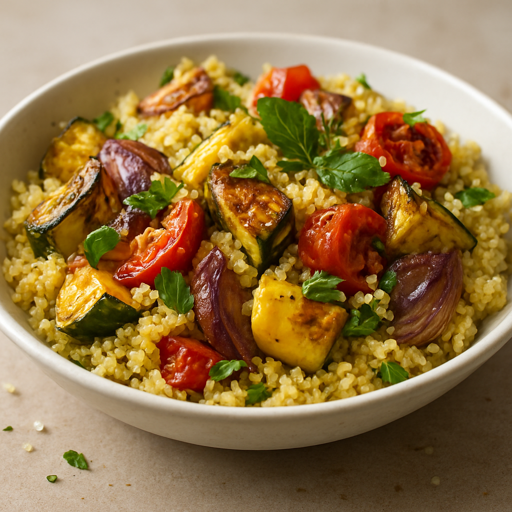 סלט קינואה לימוני עם ירקות קלויים וקראנץ' מלח לימון