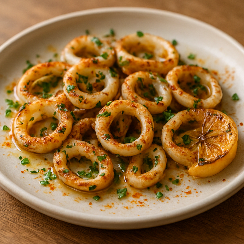 קלמרי צלוי בסגנון ספרדי עם סלט עשבים