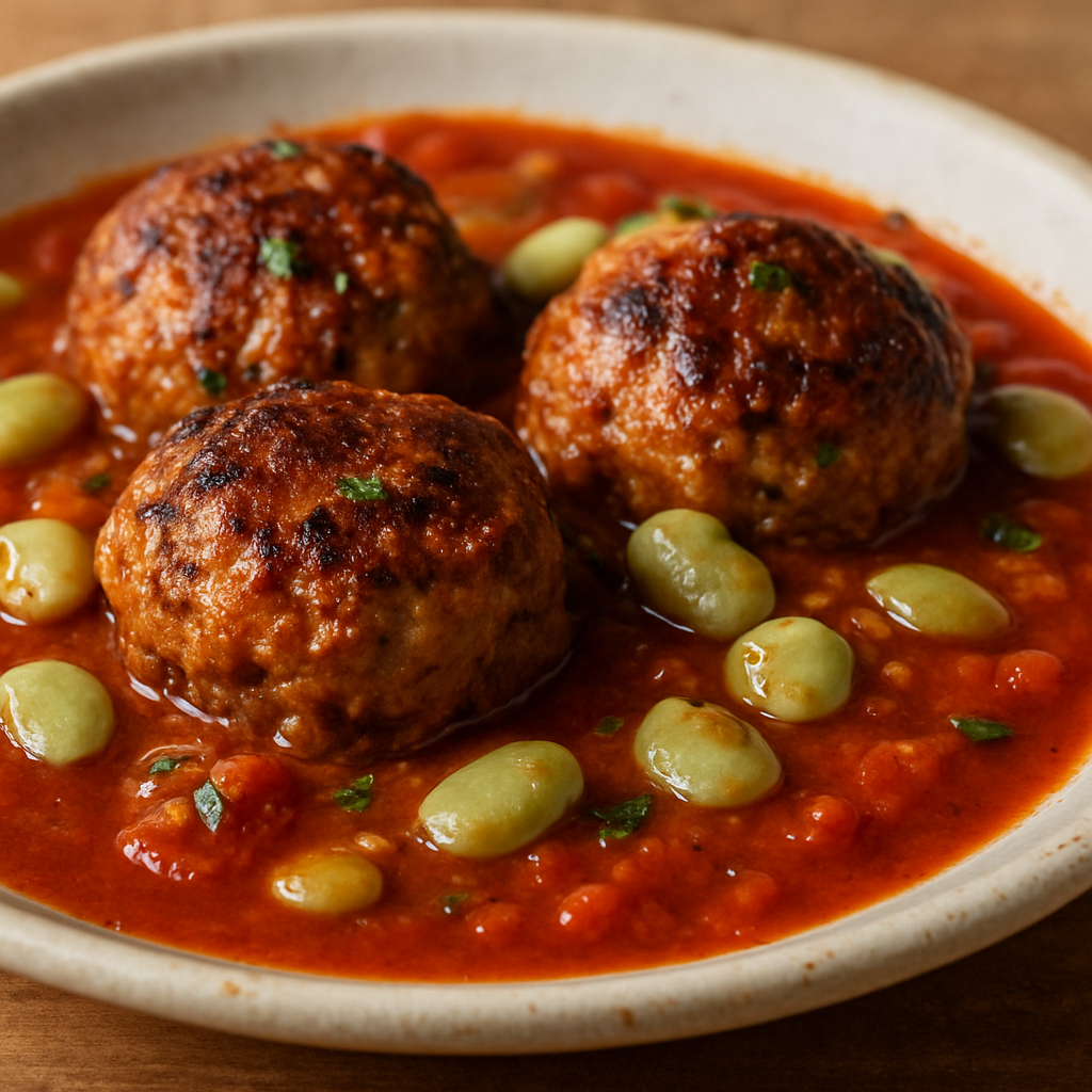 קציצות הודו קירמול איטי ברוטב ועגבניות עם שעועית לימה