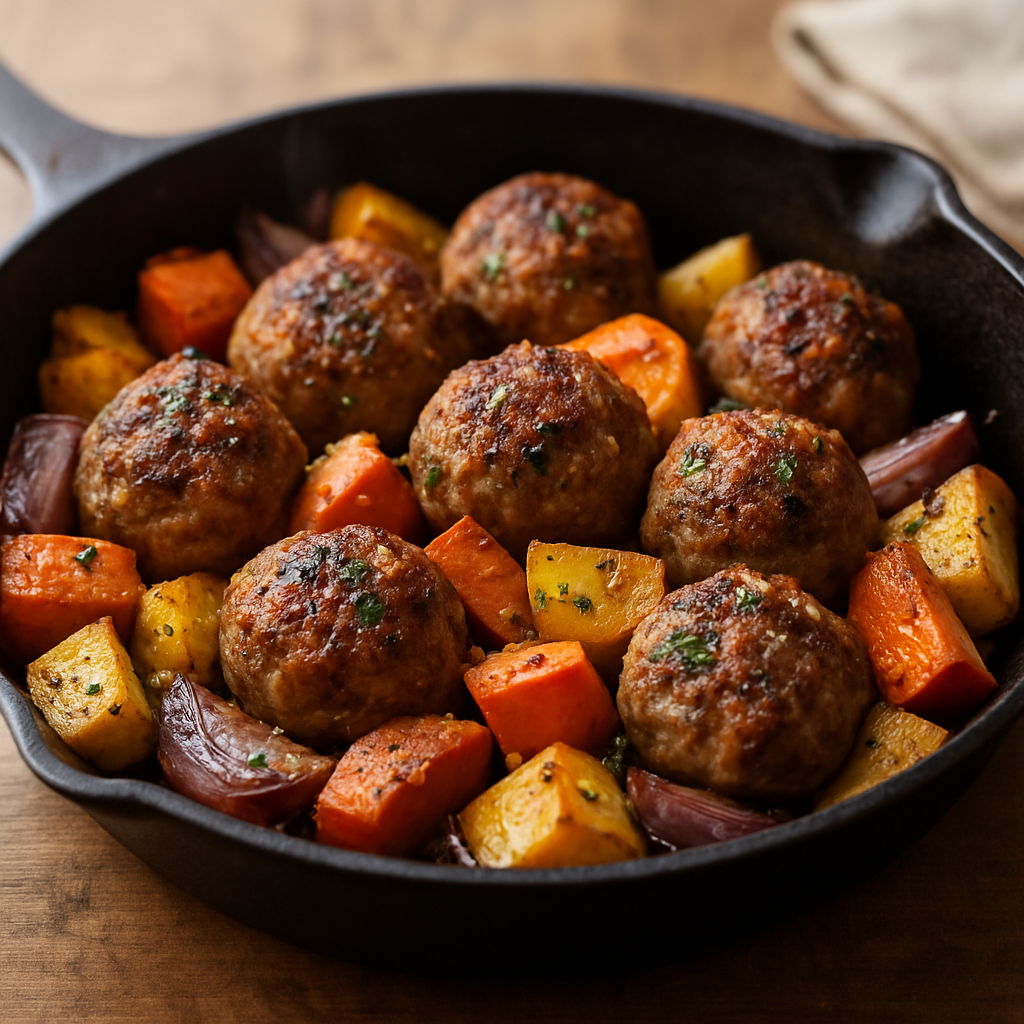 קציצות טלה אפויות בתבנית ברזל עם ירקות שורש