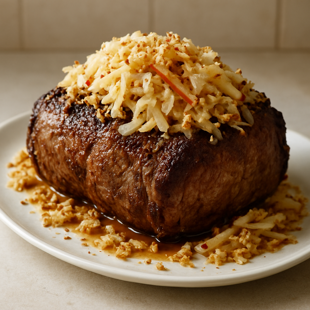 רוסטביף כפרי עם כרוב חמוץ קראנצי