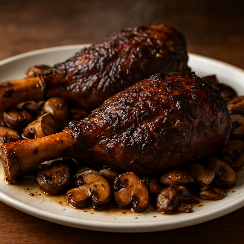 שוק טלה מעושן בתיבול כפרי ופטריות מוקפצות