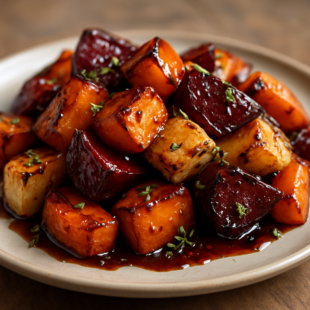 שורשי ירקות אפויים בזיגוג חמוץ-מתוק