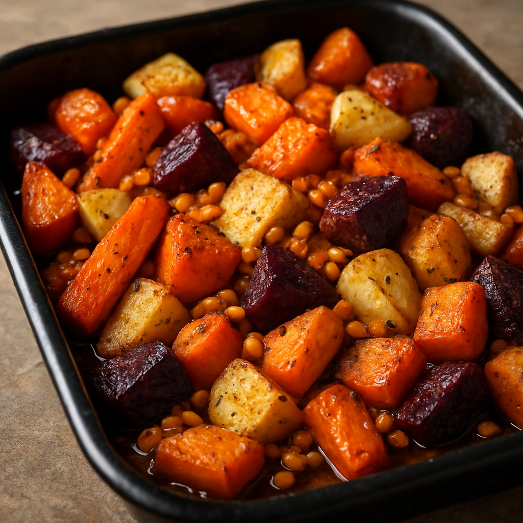 שורש ירקות צלוי בסגנון הולנדי עם עדשים כתומות