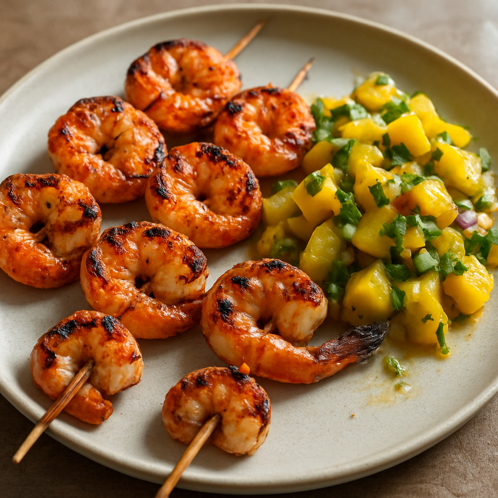 שיפודי שרימפס על הגריל עם סלסת מנגו