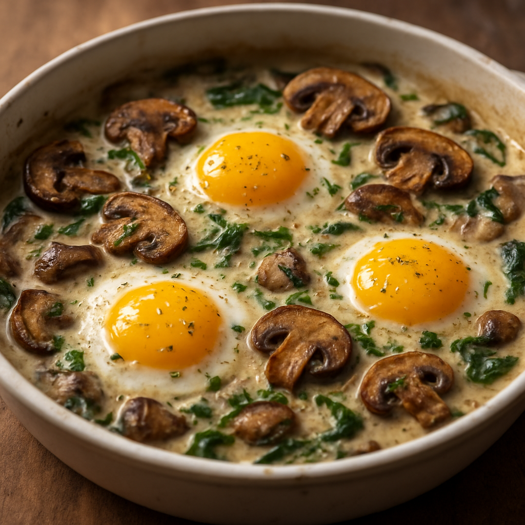 שקשוקה לבנה עם תרד ופטריות שמורות עסיסיות