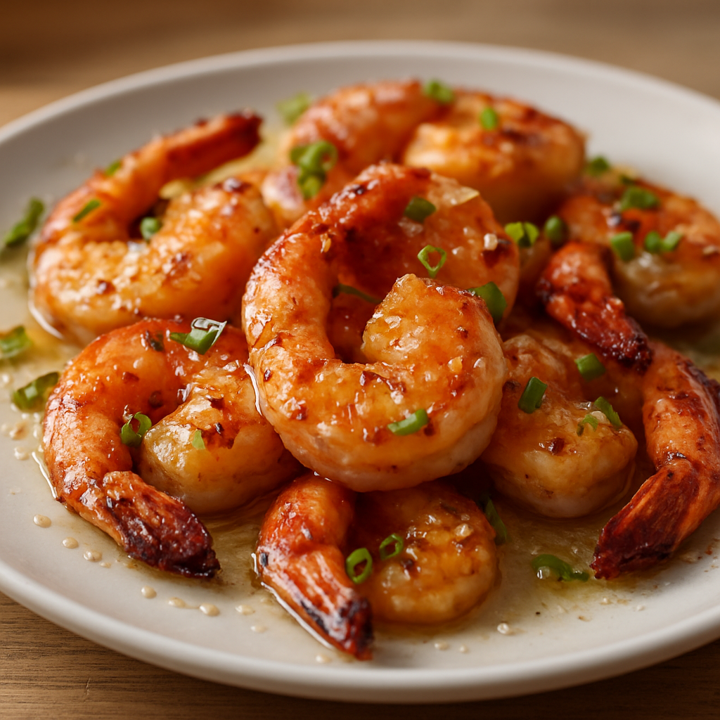 שרימפס קנטונזי בג'ינג'ר ובצל ירוק על נייר אפייה