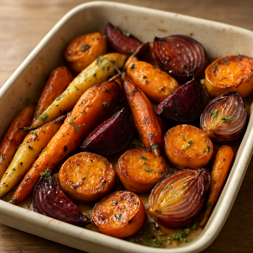 תבשיל ירקות שורש צלוי עם הברשת שמן ועשבים