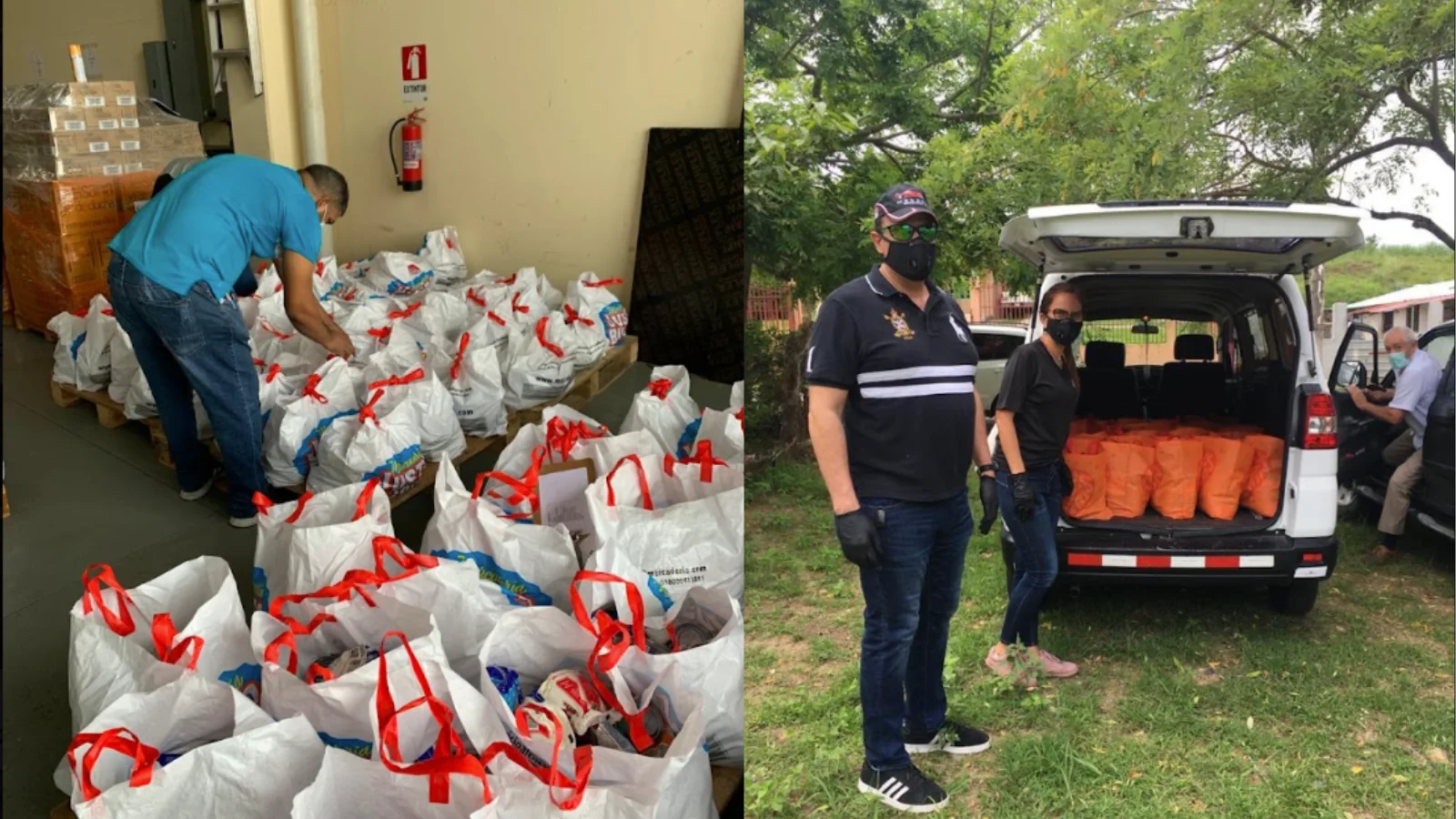 Equipo de Gotas de Oro entregando bolsas de alimentos a familias de Tanara durante la pandemia de COVID-19