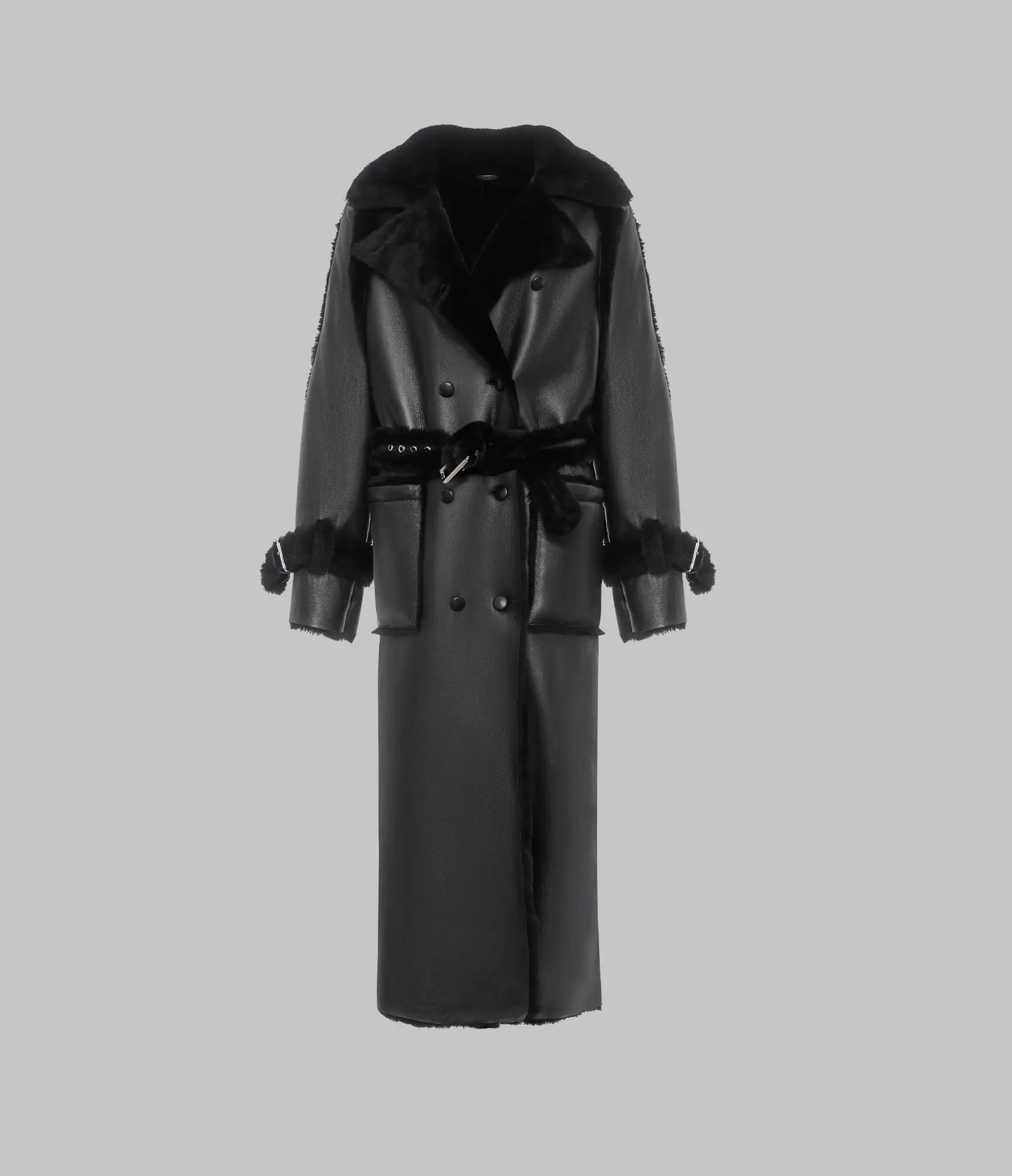 Long sheepskin coat with belt
