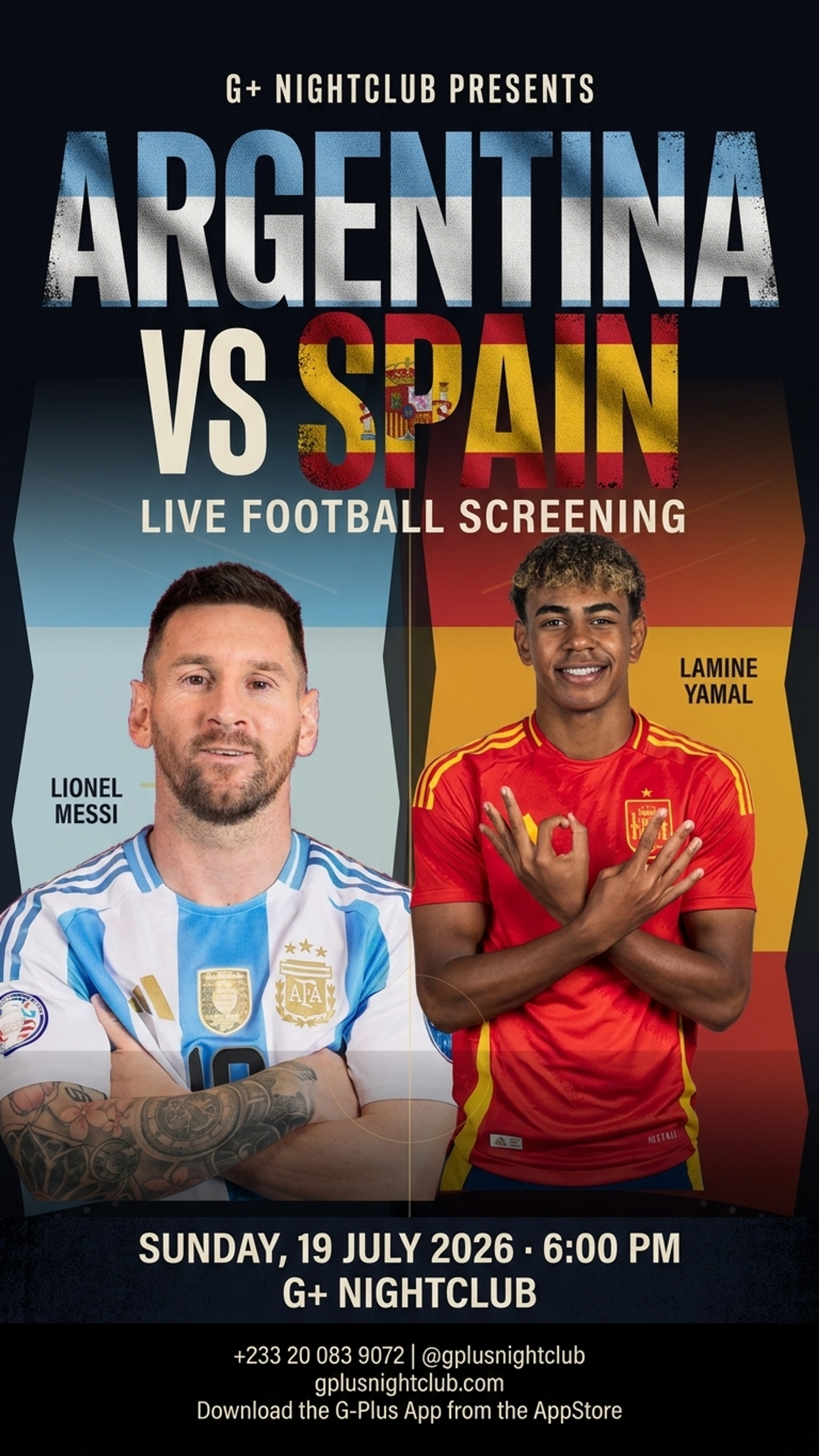 Argentina vs Spain World Cup final screening at G+ Nightclub on Sunday, 19 July 2026 at 6 PM