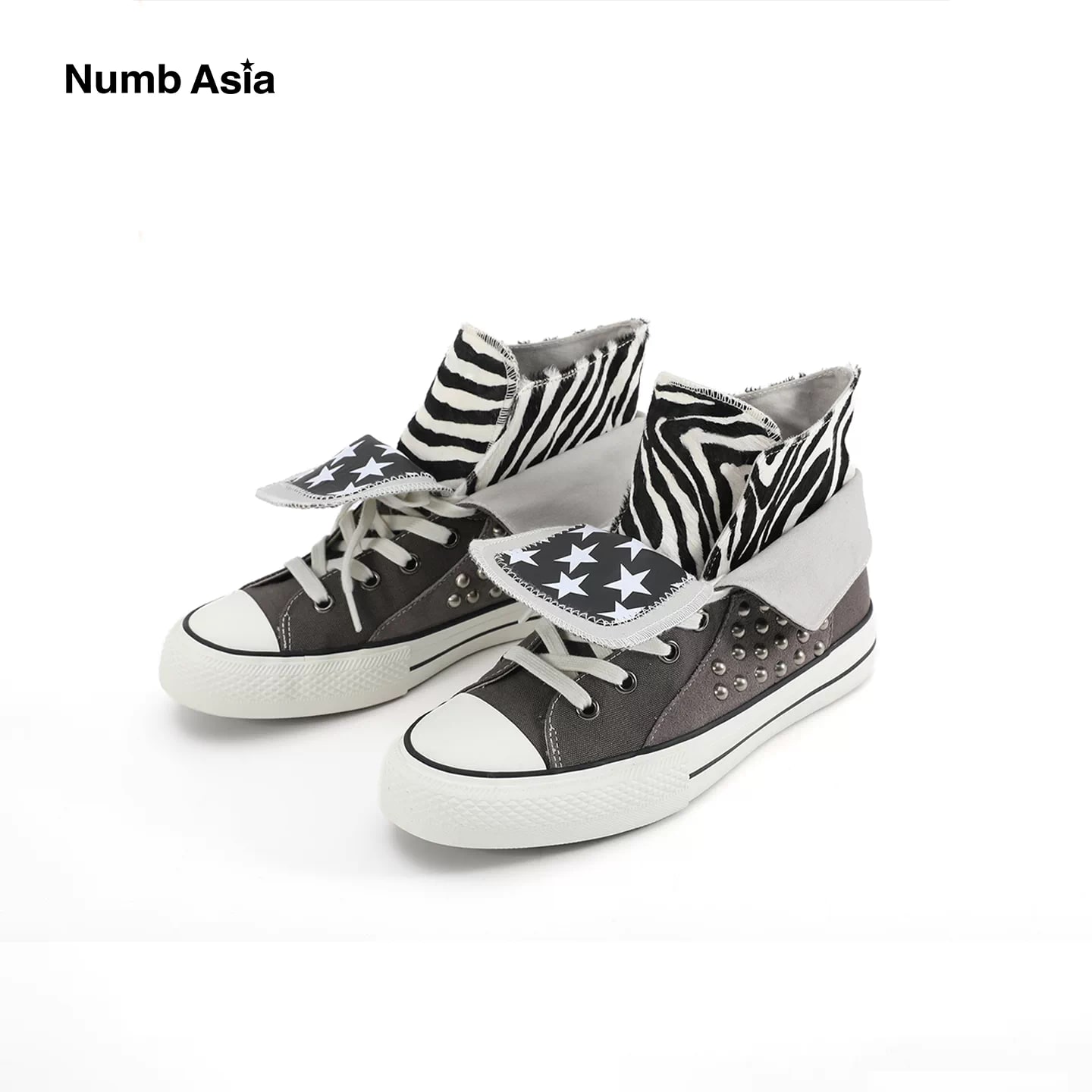 NumbAsia Zebra Print Studded Mid-Top Canvas Sneakers photo 4