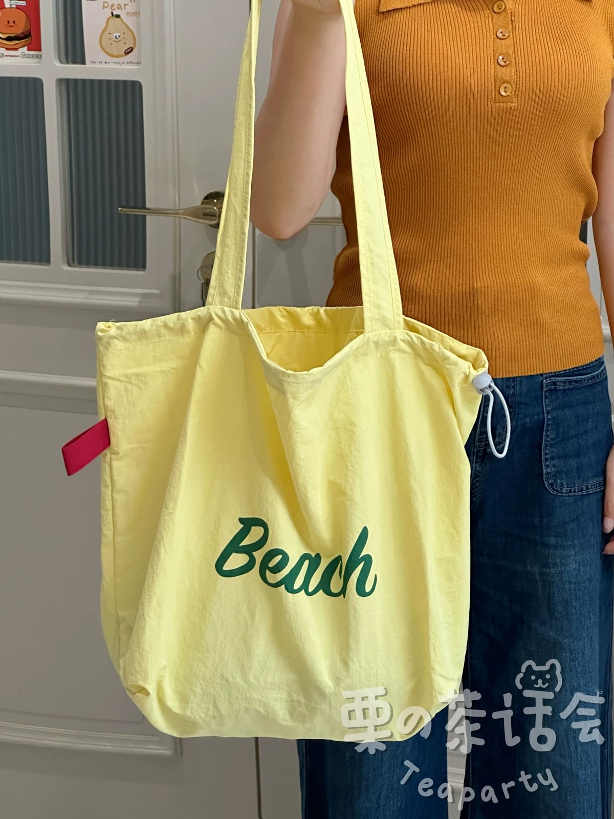 Canvas Drawstring Tote Shoulder Bag with Charm photo 4