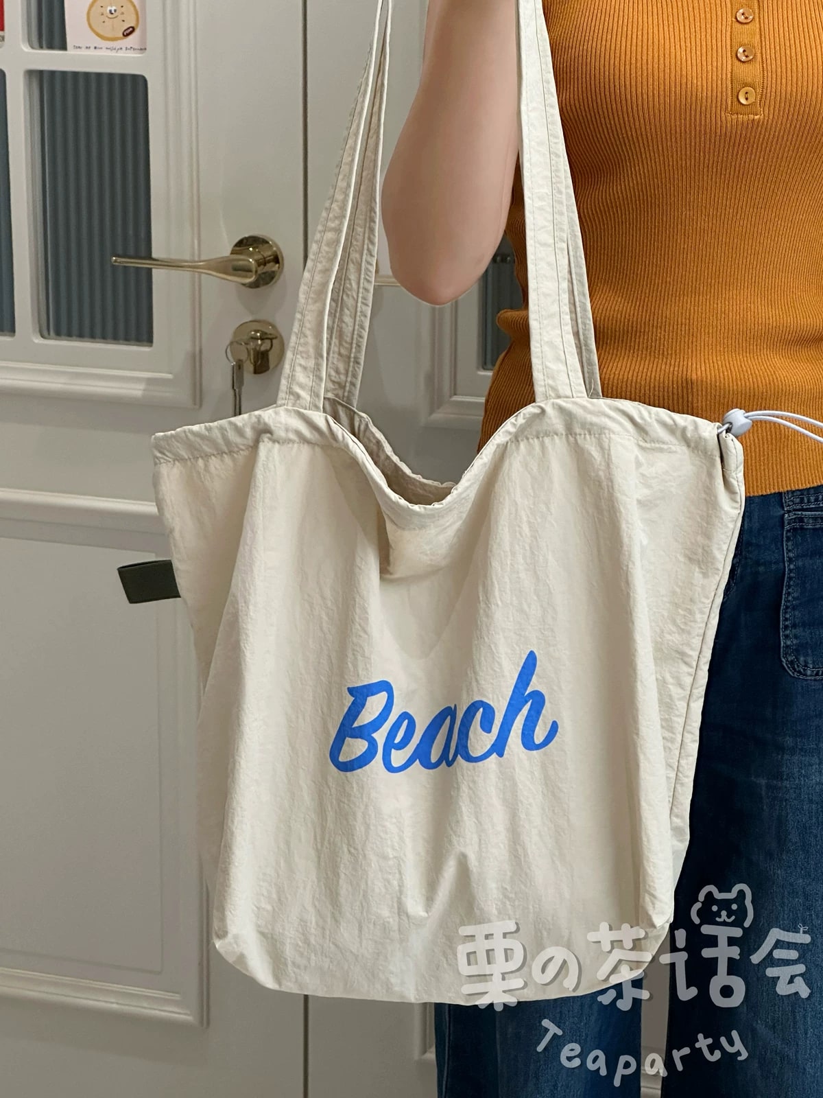 Canvas Drawstring Tote Shoulder Bag with Charm photo 6