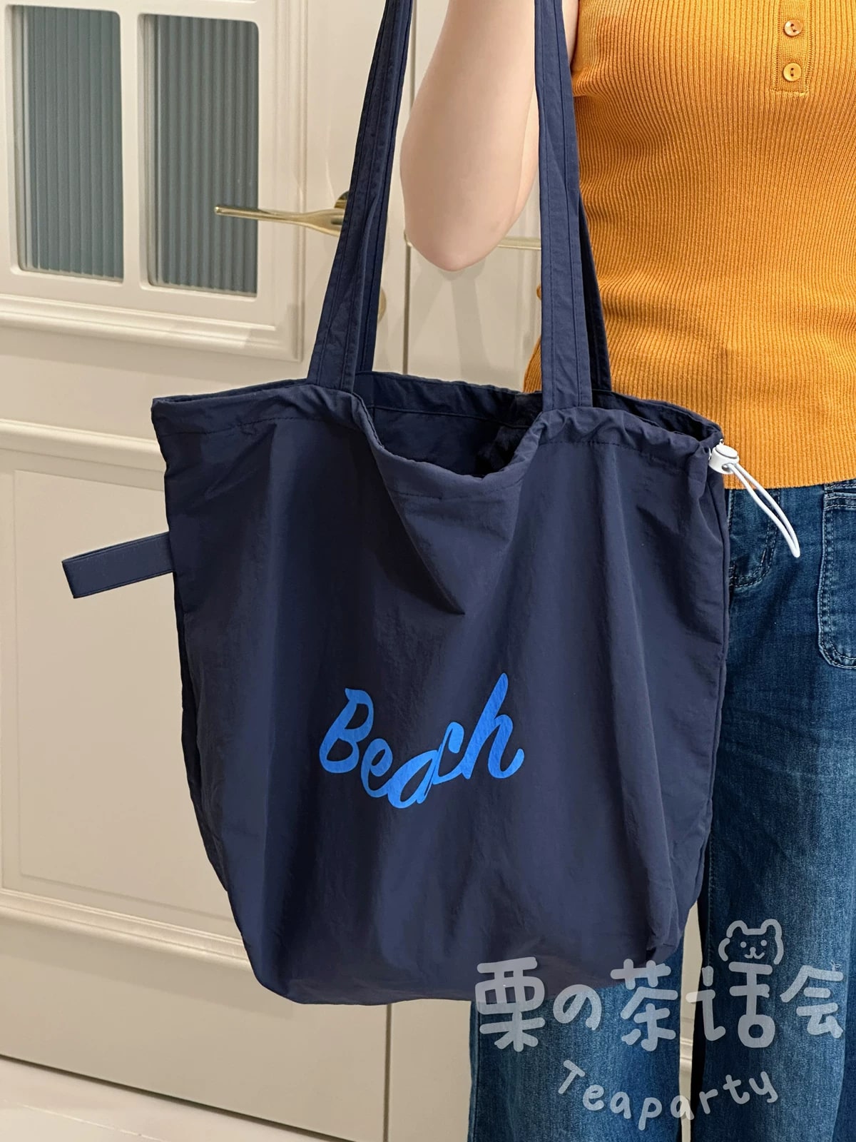 Canvas Drawstring Tote Shoulder Bag with Charm photo 3