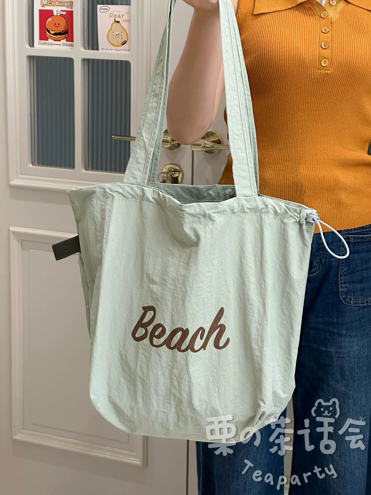 Canvas Drawstring Tote Shoulder Bag with Charm photo 5