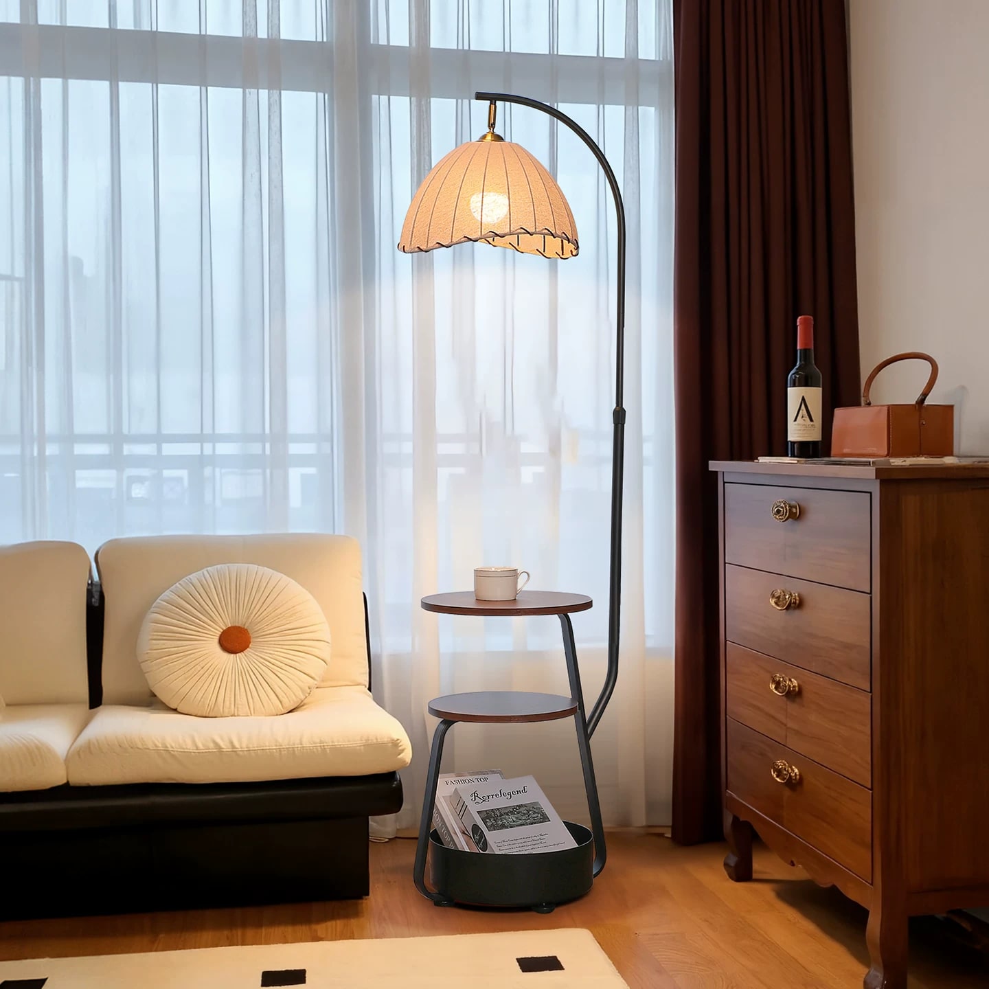 Mid-Century Floor Lamp with Walnut Side Shelf photo 2