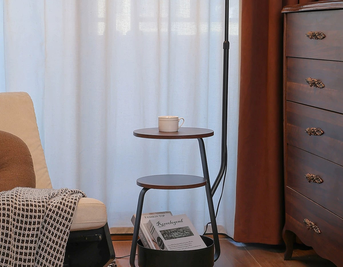 Mid-Century Floor Lamp with Walnut Side Shelf photo 4