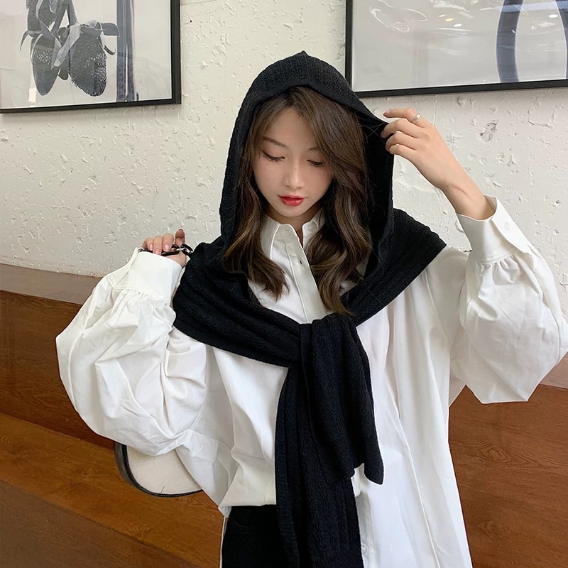 Korean Style Knitted Hooded Scarf Shawl photo 2