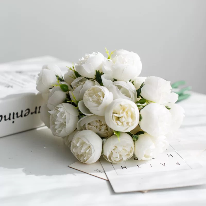 Artificial Mini Peony Spray Bouquet with Vase photo 2