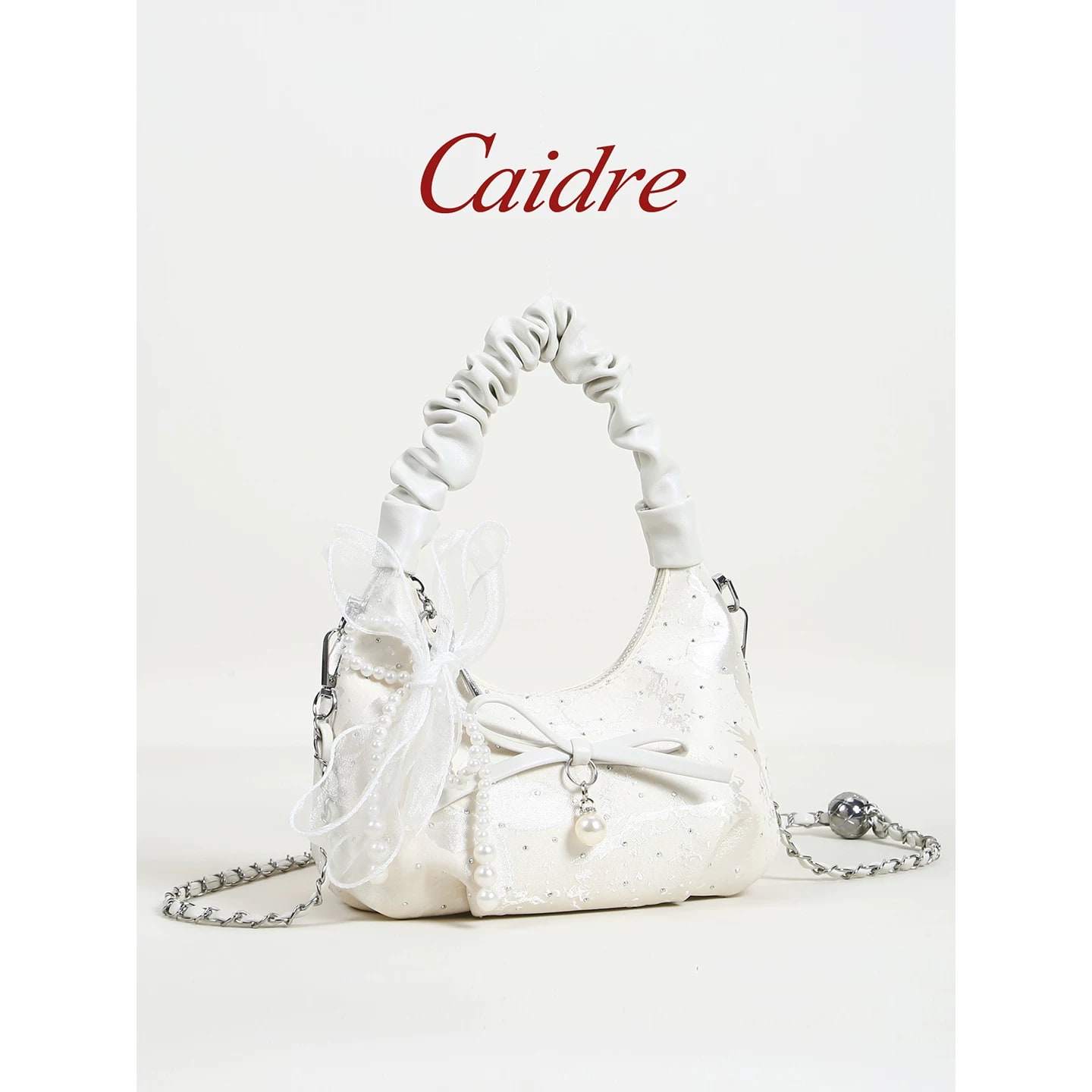 Caidre Pleated Cloud Bag with Bow and Pearl Chain photo 5