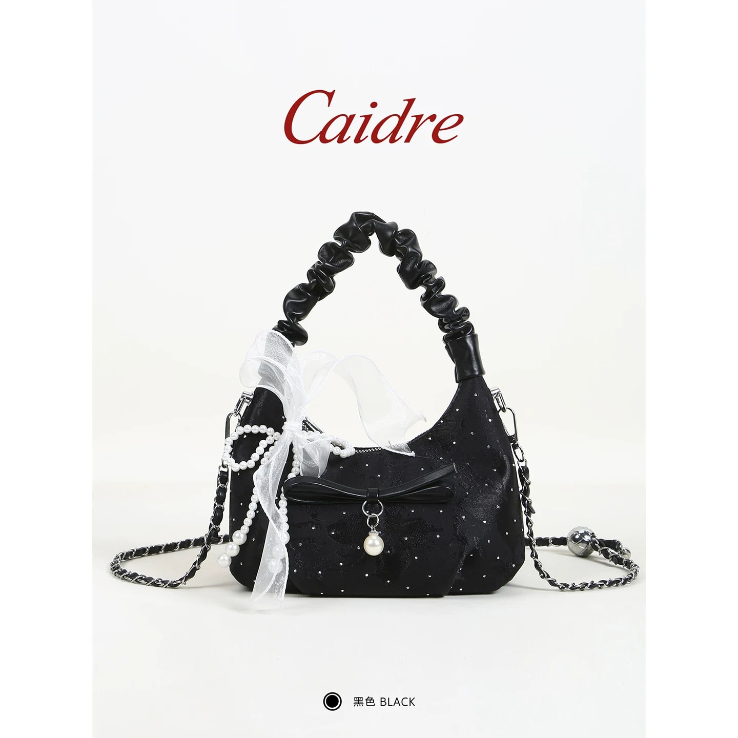 Caidre Pleated Cloud Bag with Bow and Pearl Chain photo 3
