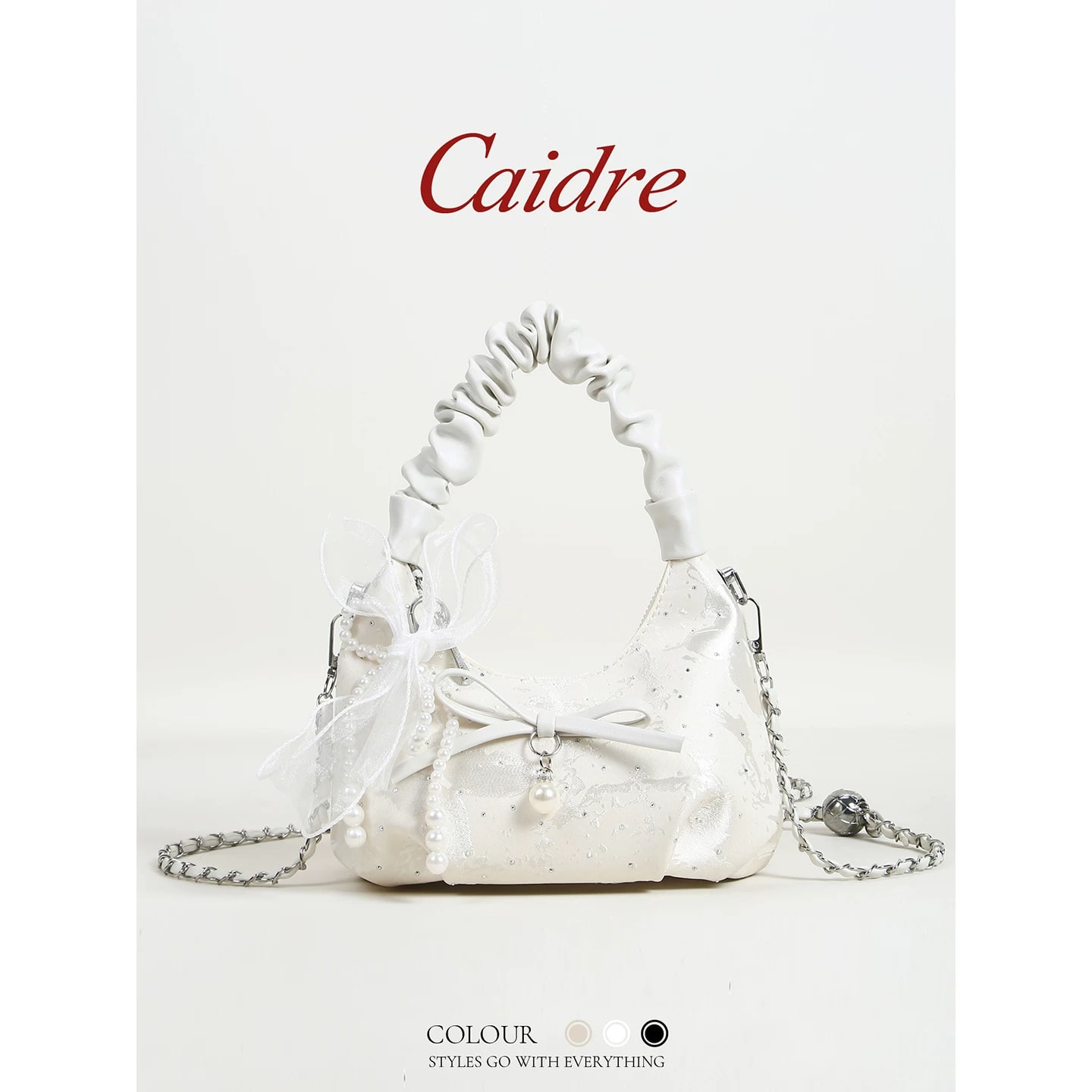 Caidre Pleated Cloud Bag with Bow and Pearl Chain photo 4