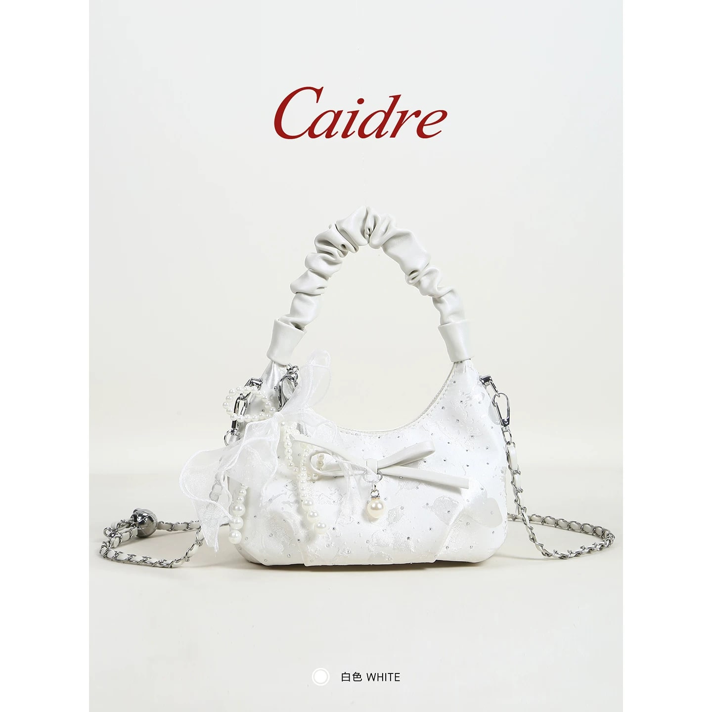 Caidre Pleated Cloud Bag with Bow and Pearl Chain photo 2