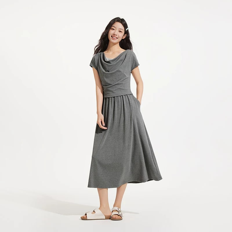 Women's Draped-Collar Faux Two-Piece Midi Dress photo 2