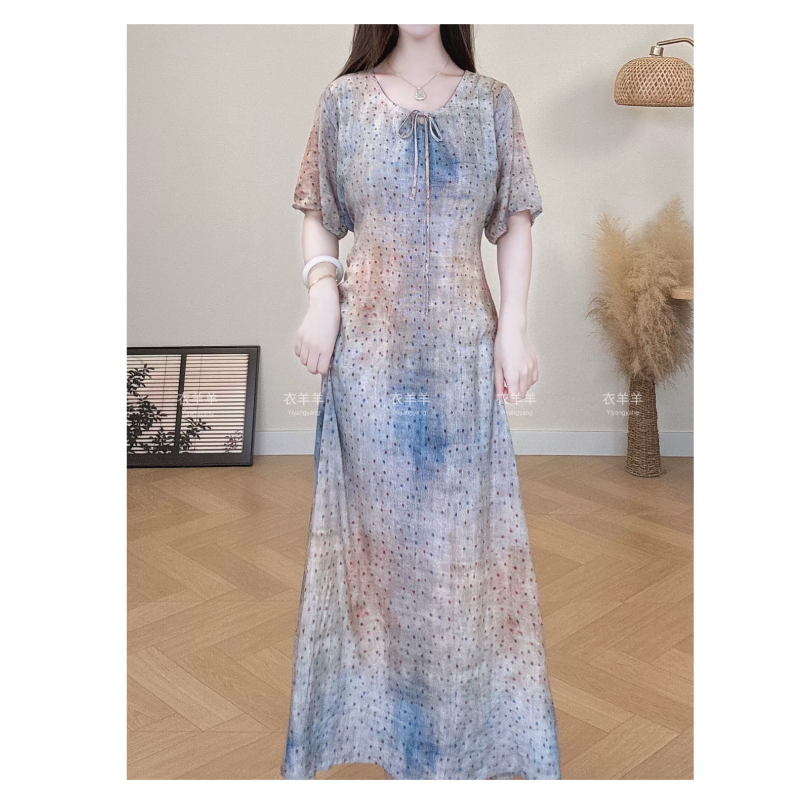 Floral Cinched-Waist Midi Dress - Oriental Style photo 4