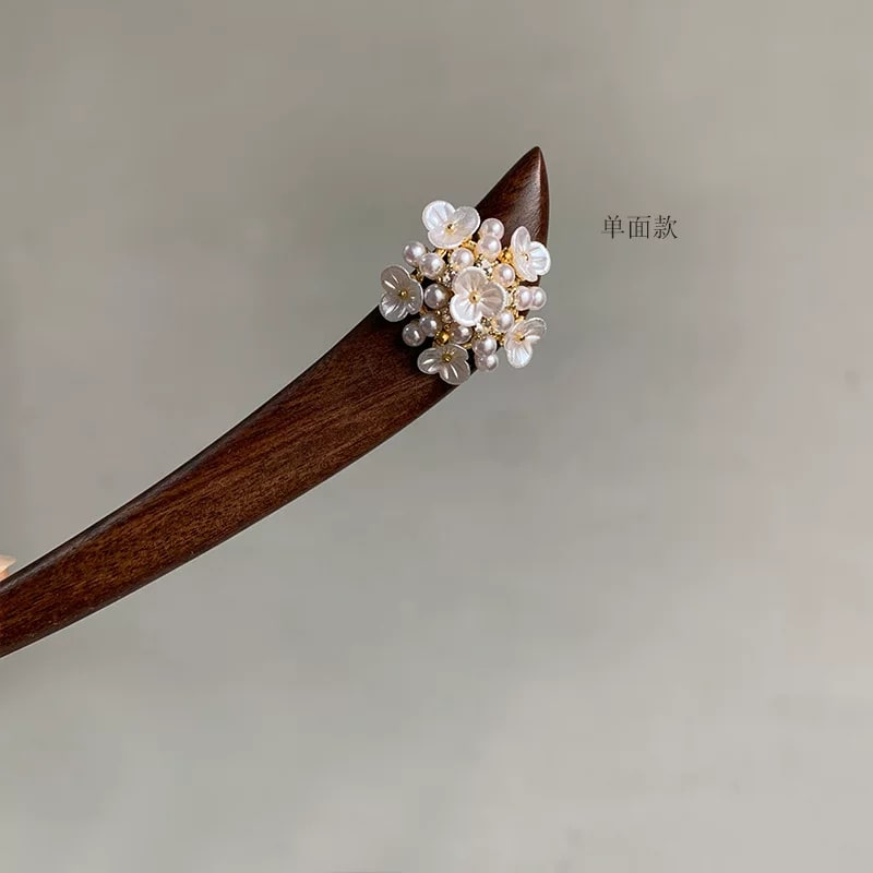 Rosewood Hair Stick with Shell Flower and Pearl Cluster photo 2