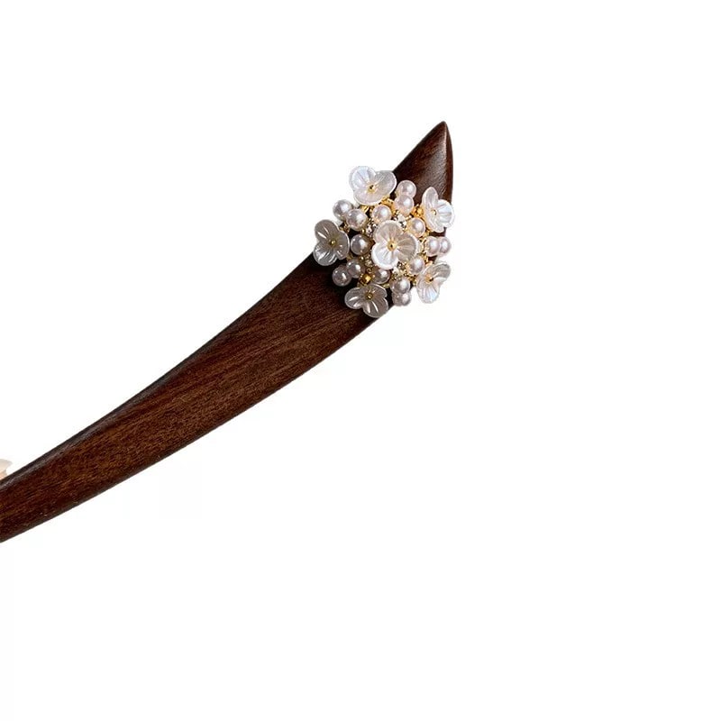 Rosewood Hair Stick with Shell Flower and Pearl Cluster photo 6