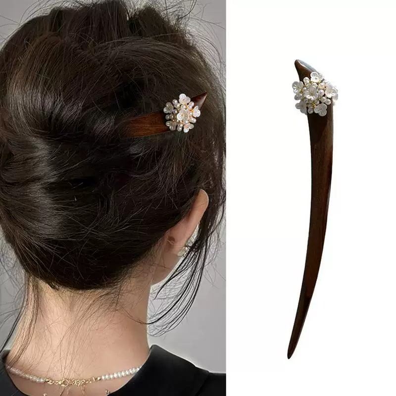 Rosewood Hair Stick with Shell Flower and Pearl Cluster photo 3