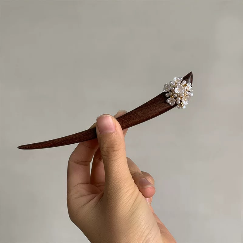 Rosewood Hair Stick with Shell Flower and Pearl Cluster photo 4