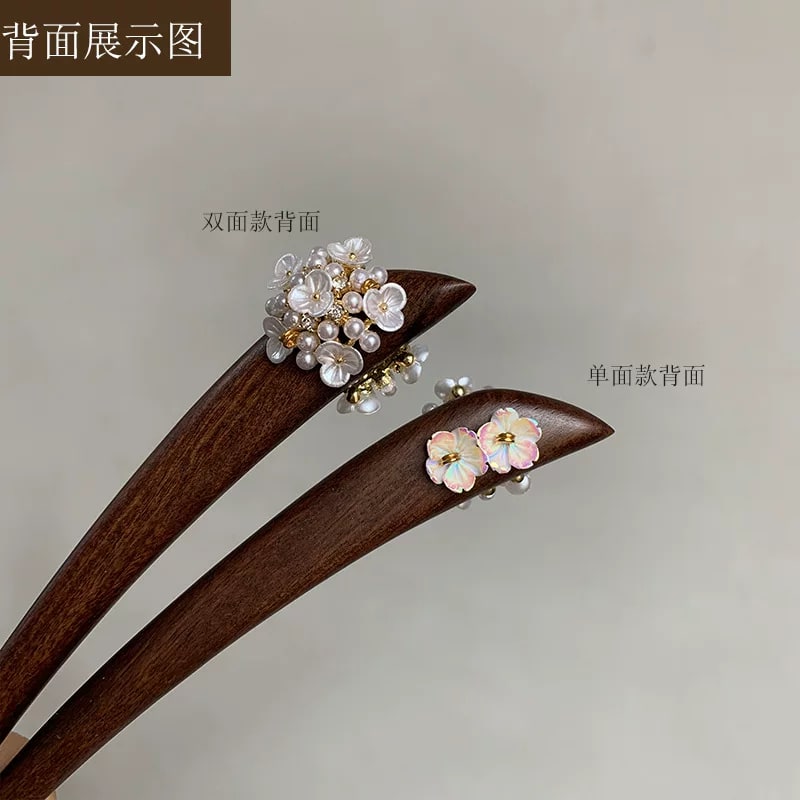 Rosewood Hair Stick with Shell Flower and Pearl Cluster photo 5