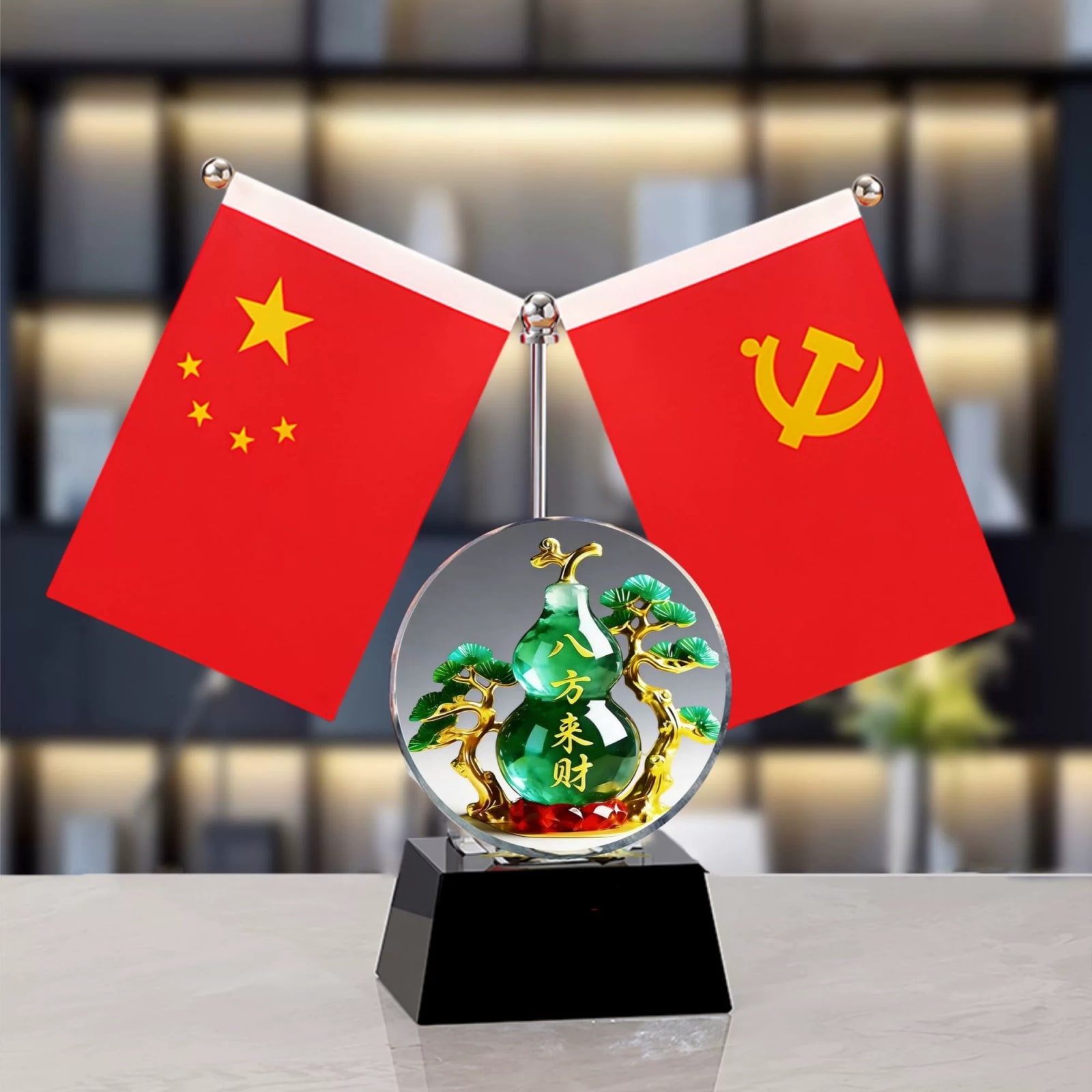 Crystal Desk Ornament with Red Flag and Treasure Bowl photo 6