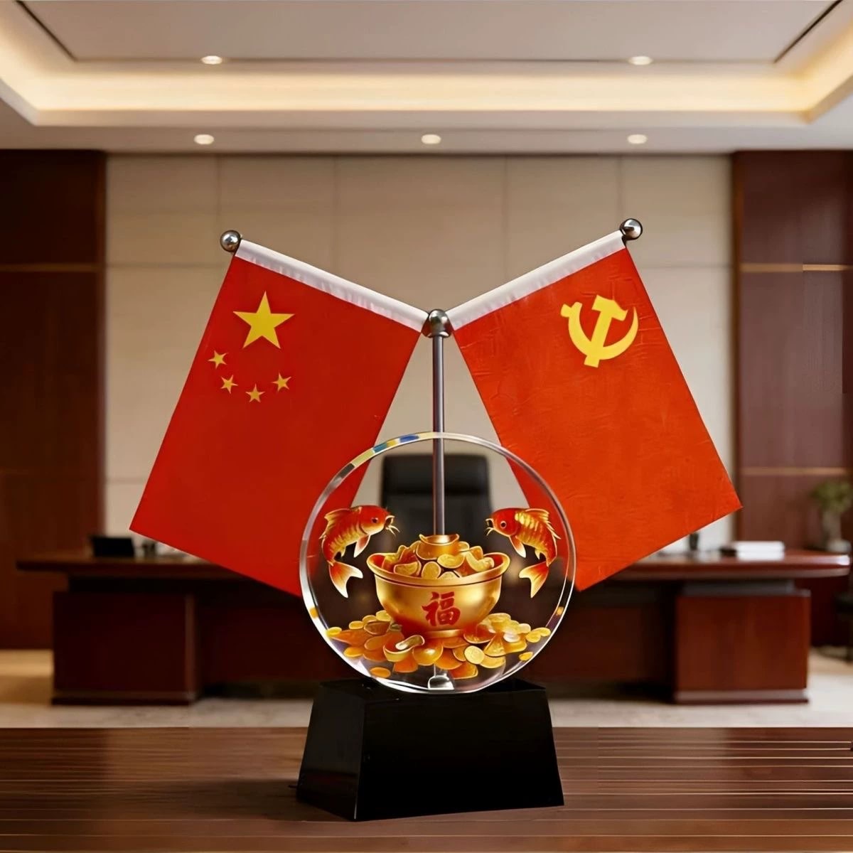 Crystal Desk Ornament with Red Flag and Treasure Bowl photo 2