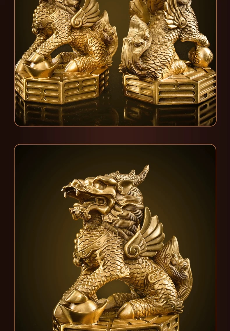 Solid Brass Qilin Statue Pair with Coin Strings photo 3
