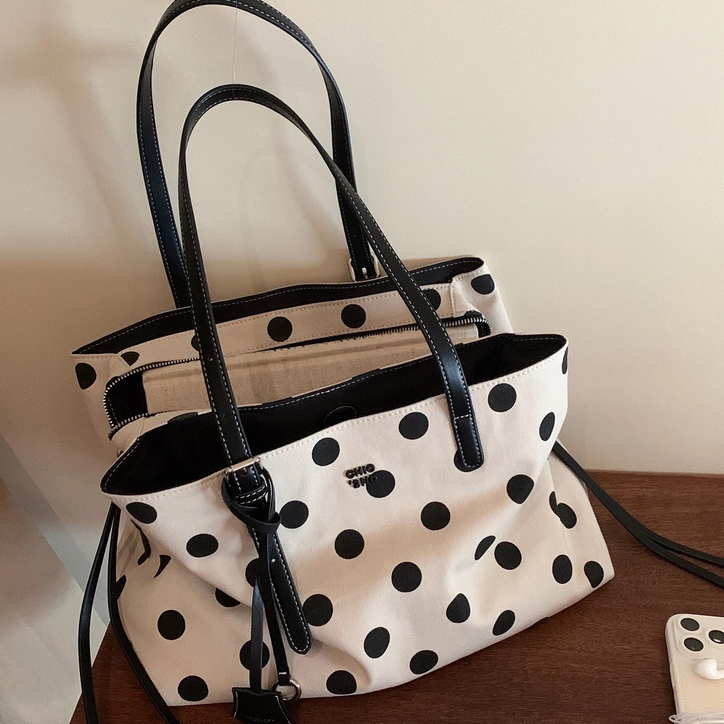 Polka Dot Canvas Tote with Inner Pouch photo 6