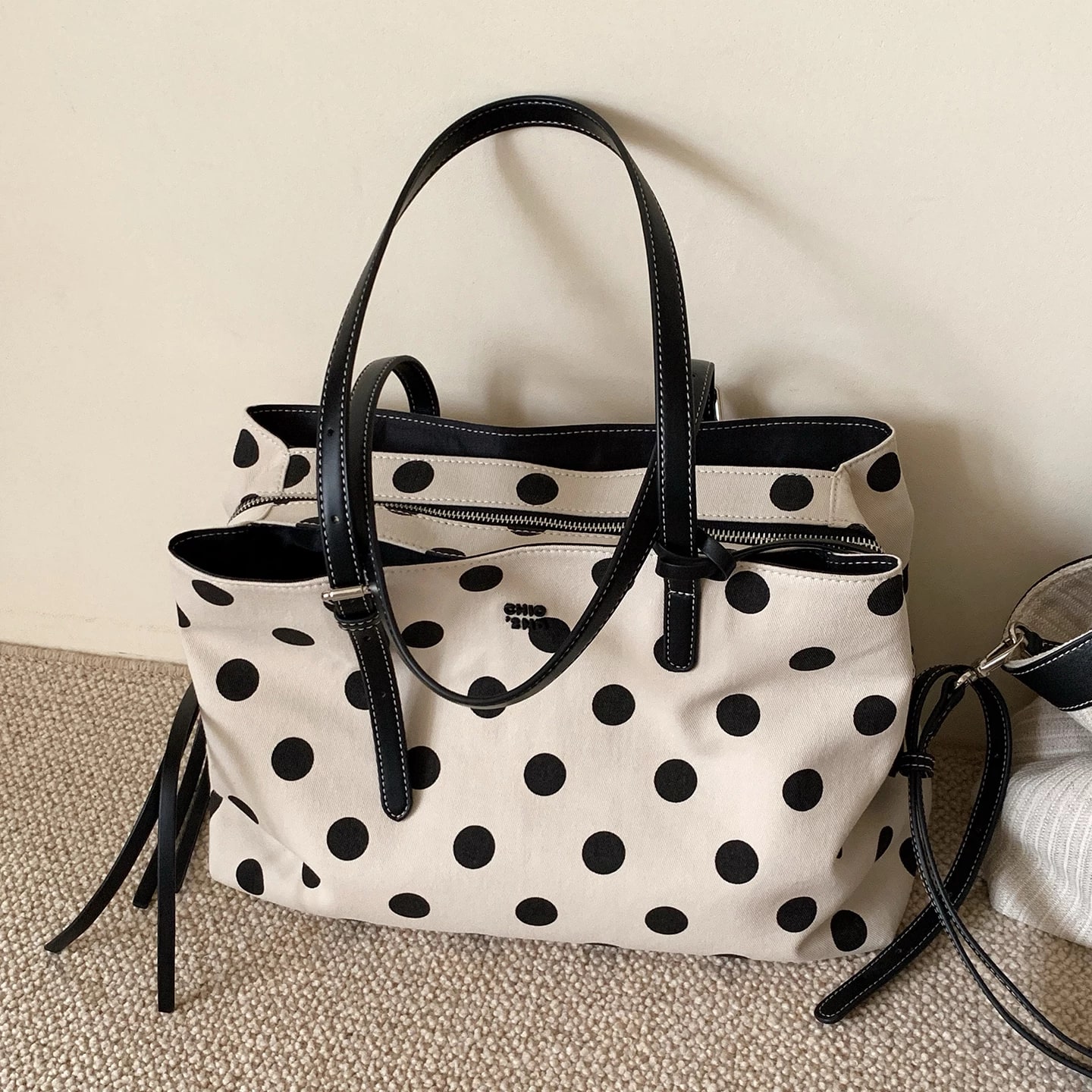 Polka Dot Canvas Tote with Inner Pouch photo 4