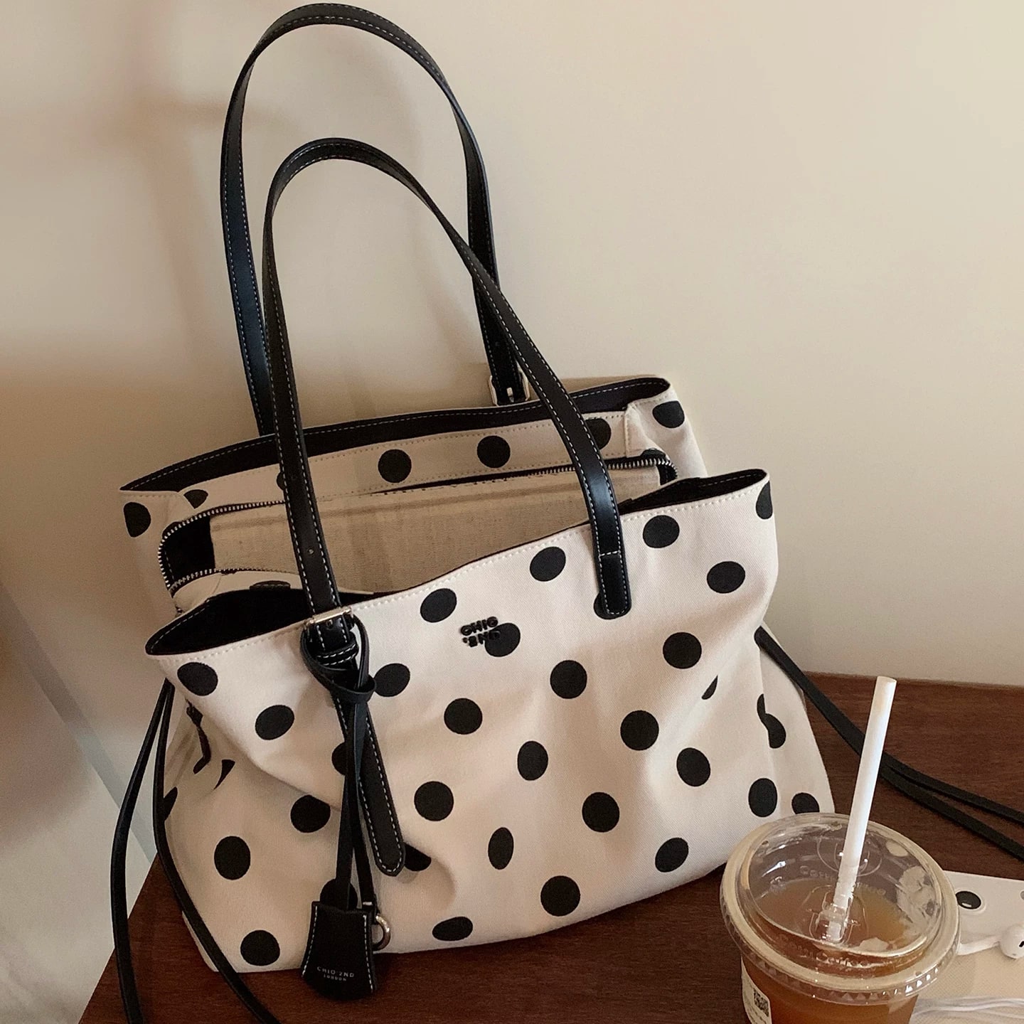 Polka Dot Canvas Tote with Inner Pouch photo 3