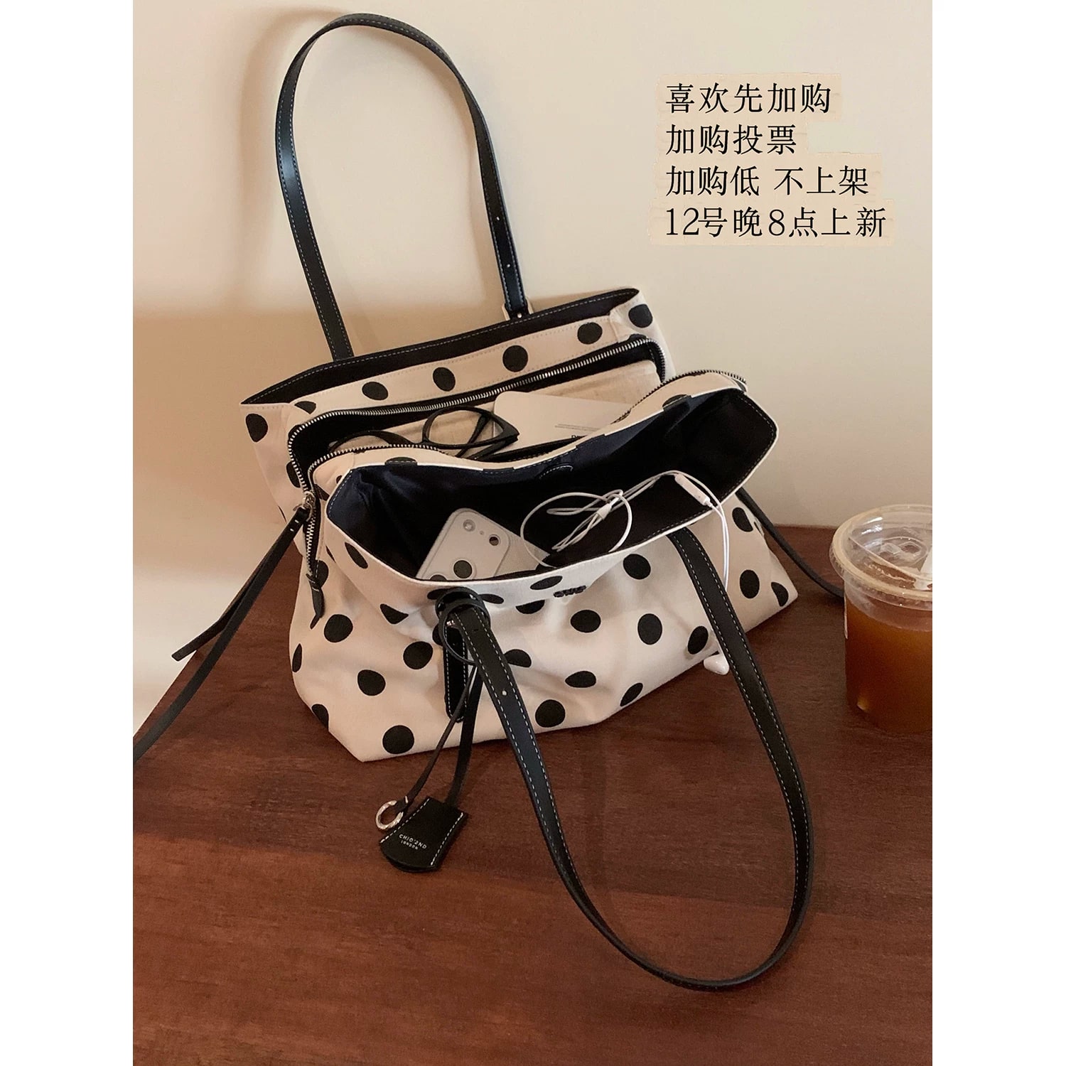 Polka Dot Canvas Tote with Inner Pouch photo 2