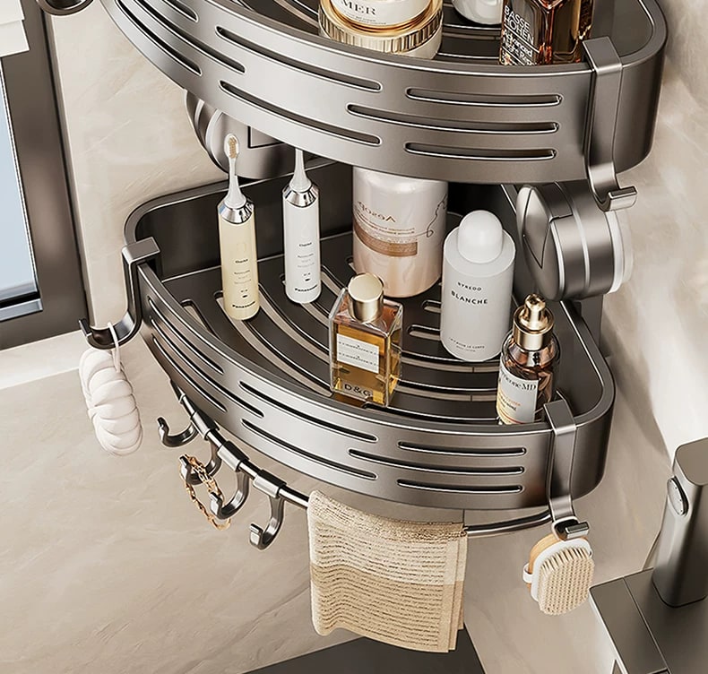 Suction Corner Bathroom Shelf with Hooks, 1 to 3 Tiers photo 2