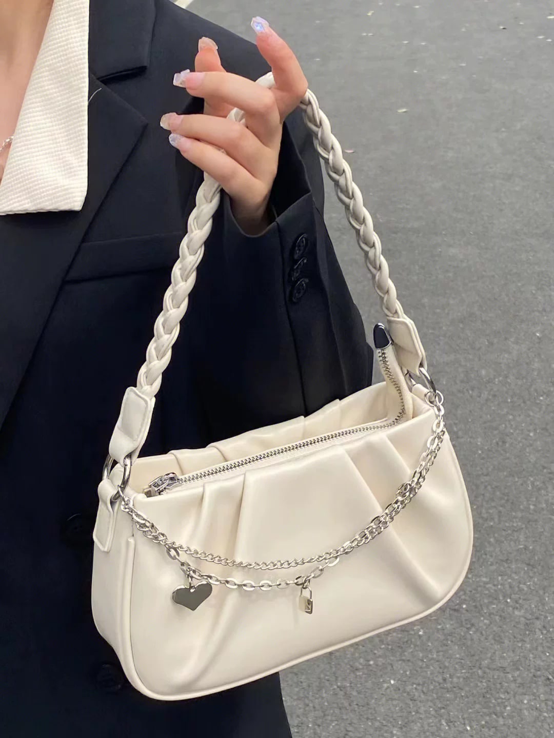 Pleated Cloud Shoulder Bag with Braided Strap photo 5