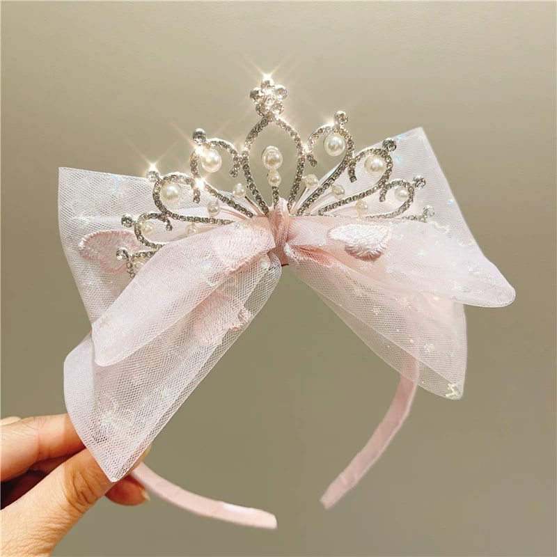 Girls' Rhinestone Crown Headband with Tulle Bow