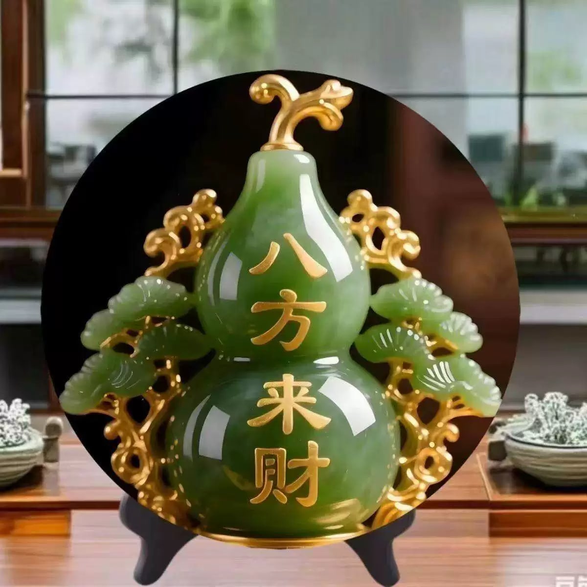 Jade-Green Gourd Display Plaque with Stand photo 4