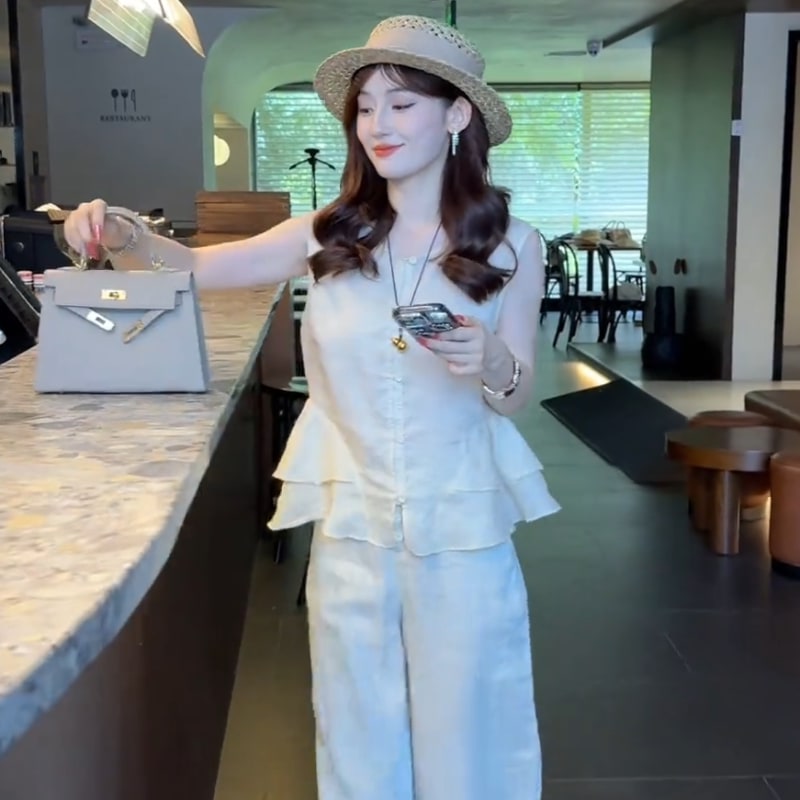 Women's Ruffle Top and Wide-Leg Trousers Set
