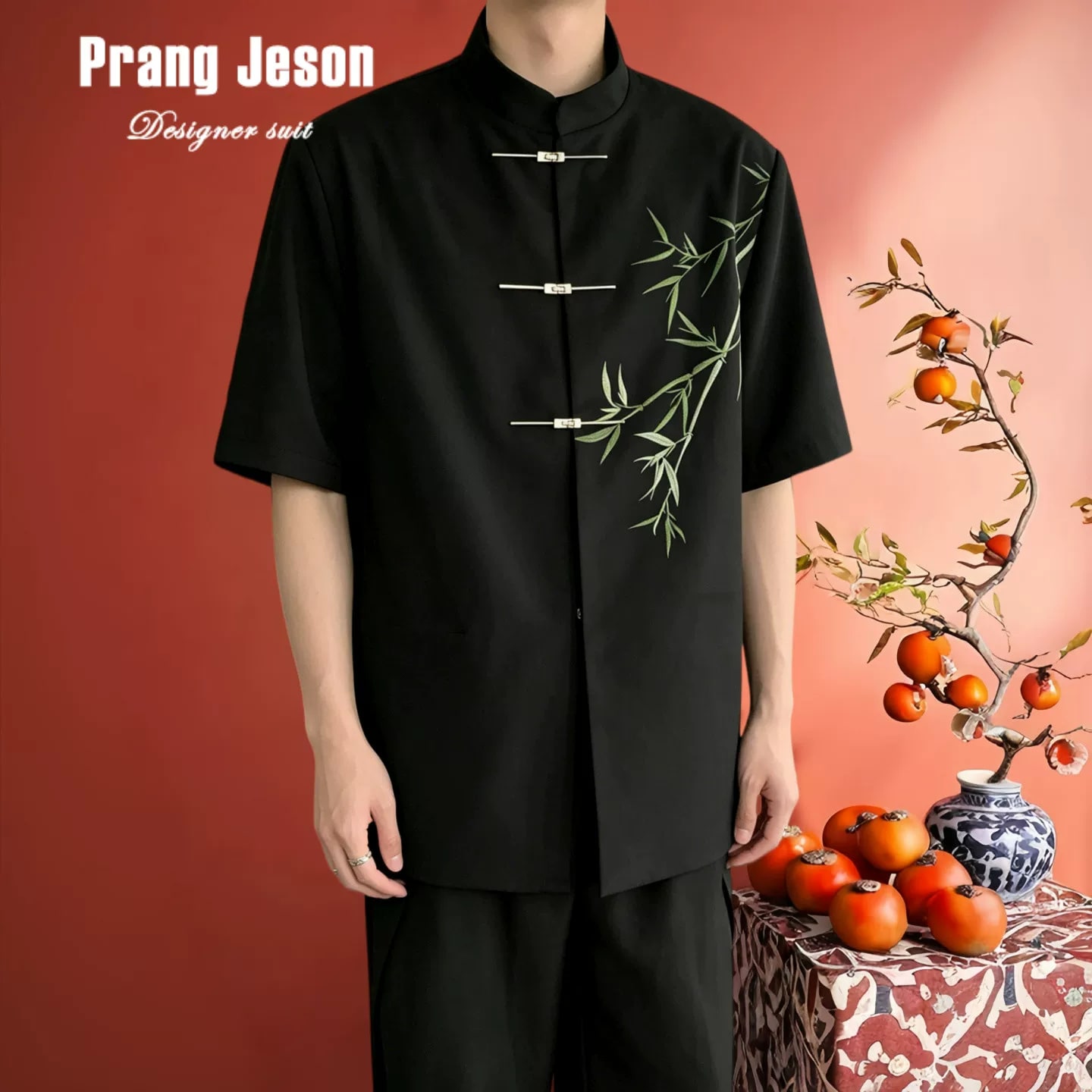 Men's Bamboo Embroidered Mandarin-Collar Shirt photo 2