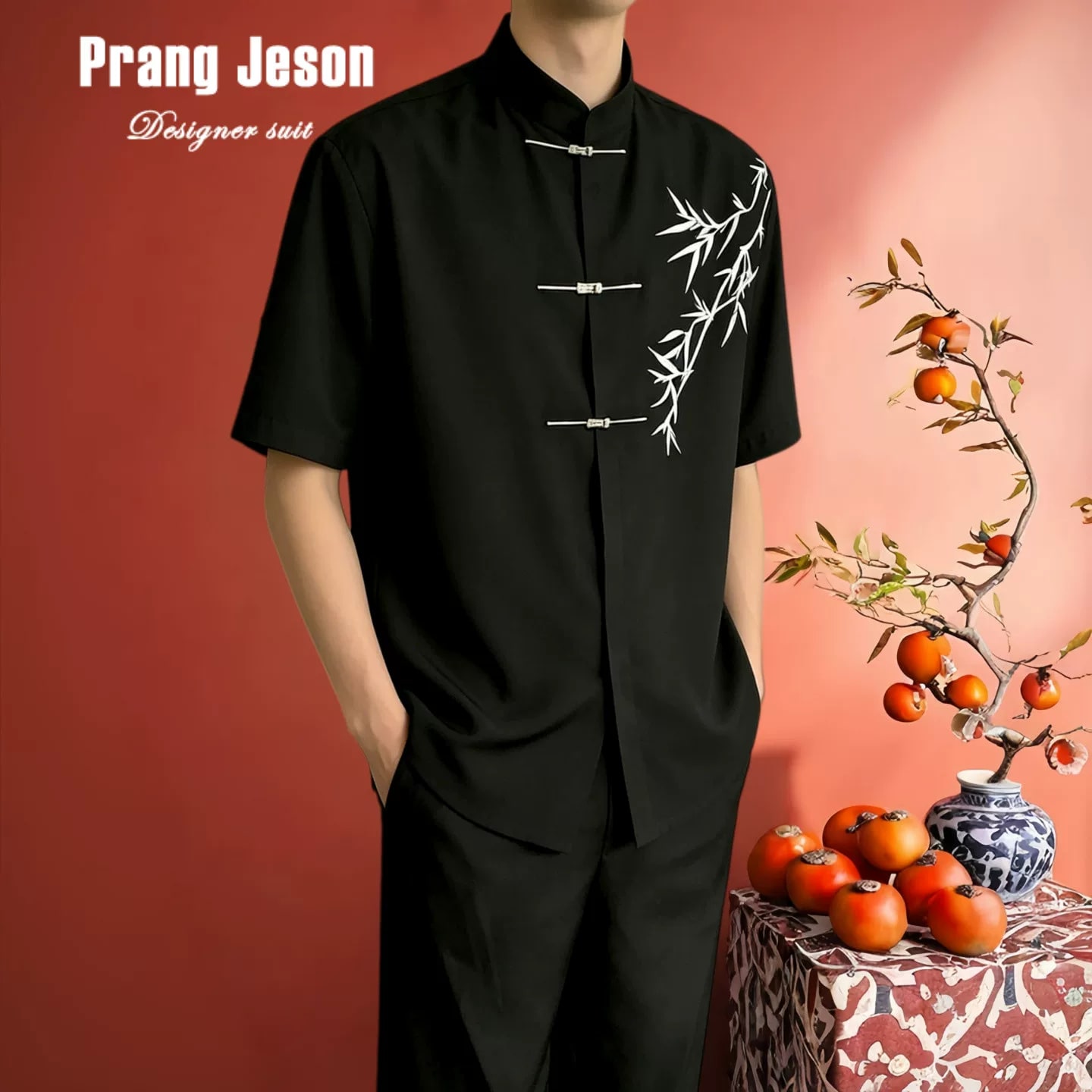 Men's Bamboo Embroidered Mandarin-Collar Shirt photo 6